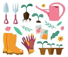 conjunto de herramientas de jardinería y equipos de jardinería. ilustración vectorial de artículos para jardinería vector