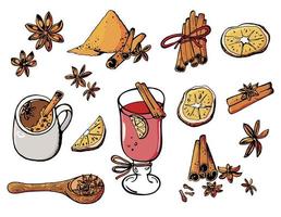 Set of hand drawn vector cinnamon sticks and ground cinnamon powder mulled wine and coffee isolated on white background