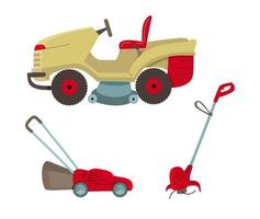 Lawn mower and electric lawn trimmer. Gardening agricultural machinery isolated on white background vector