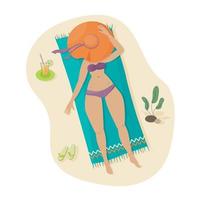 Vector illustration of a girl in a swimsuit with a hat on the beach. Summer rest.
