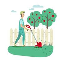 Gardener with lawn mower and garden tools. Vector illustration of lawn mowing service.
