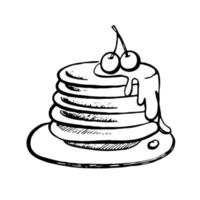 Pancakes with cherries on a plate in doodle style. For backgrounds, cafes and restaurants vector