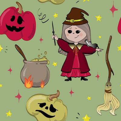 Halloween seamless pattern with pumpkins, witch, boiling cauldron and broom.