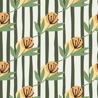 Diagonal dandelion flowers in orande tones on seamless pattern. White background with black lines. vector