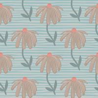 Pale pastel sunflower seamless pattern. Stylized botanic silhouettes in beige tones on blue stripped background. vector