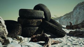 Old tire on the seashore and pollution of nature photo