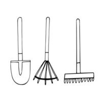 rake and shovel set hand drawn doodle. , minimalism, scandinavian, monochrome, nordic. collection of garden tools. sticker, icon. vector