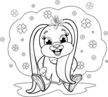 Coloring page. A cute and smiling bunny sits on a light green background vector