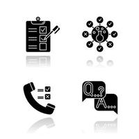 Survey methods drop shadow black glyph icons set. Telephone poll. Chemical analysis. Questionnaire. Interview. Public opinion. Customer review. Feedback. Data collection. Isolated vector illustrations