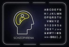 Schizophrenia neon light icon. Unclear thinking. Confused mind. Mental disorder. Paranoia and anxiety. Abnormal behaviour. Glowing sign with alphabet, numbers and symbols. Vector isolated illustration