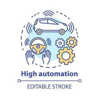 High automation concept icon. Car with autonomous features. Steering Assist. Autopilot system. Driverless vehicle idea thin line illustration. Vector isolated outline drawing. Editable stroke