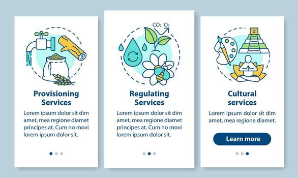 Ecosystem services onboarding mobile app page screen with linear concepts. Provisioning, regulating services walkthrough steps graphic instructions. UX, UI, GUI vector template with illustrations