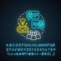 Robots in society neon light concept icon. Communication with artificial intelligence idea. Interaction with futuristic technologies. Glowing sign with alphabet. Vector isolated illustration