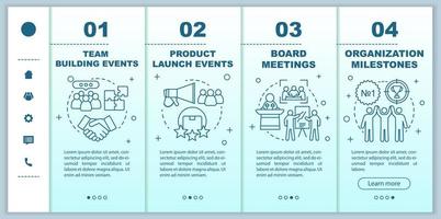 Corporate event management services onboarding mobile web pages vector template. Team building, product launch events. Responsive smartphone website interface idea with linear illustrations