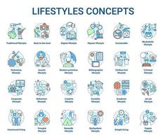 Lifestyles concepts icons set. Living types idea thin line illustrations. Technician, digital, hipster, clothes free, sustainable, ascetic lifestyle. Vector isolated outline drawings. Editable stroke