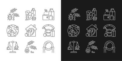 Hunger reasons linear icons set for dark and light mode. Pests and harvest loss danger. Poverty and starvation. Customizable thin line symbols. Isolated vector outline illustrations. Editable stroke