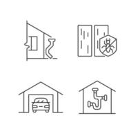 Residential construction linear icons set. Roof drainage system. Protection from termite. Parking space. Customizable thin line contour symbols. Isolated vector outline illustrations. Editable stroke