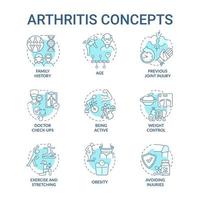 conjunto de iconos de concepto azul de artritis. factores de riesgo e ideas de prevención ilustraciones en color de línea delgada. trastorno articular y óseo. control de peso y fitness. dibujos de contorno aislados vectoriales. trazo editable vector