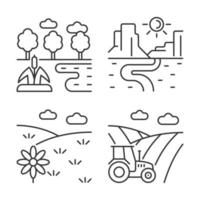 conjunto de iconos lineales de diversos tipos de tierra. suelo cultivable y estéril. condiciones climáticas de cultivo de plantas. símbolos de contorno de línea fina personalizables. ilustraciones aisladas de contorno vectorial. trazo editable vector