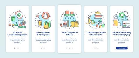 Innovaciones en el reciclaje de residuos incorporando la pantalla de la página de la aplicación móvil. tutorial de gestión de residuos 5 pasos instrucciones gráficas con conceptos. ui, ux, plantilla vectorial gui con ilustraciones en color lineal vector