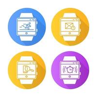 Fitness tracker functions flat design long shadow glyph icons set. Smartwatch wellness services. Running app, alarm watch, mail, messages, find phone . Vector silhouette illustration