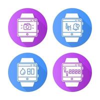 Fitness tracker functions flat design long shadow glyph icons set. Smartwatch wellness services. Water balance and step tracking, notifications, camera. Vector silhouette illustration