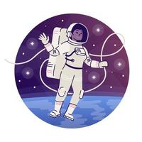 cosmonauta flotando en el icono de concepto plano del espacio ultraterrestre. mujer astronauta en traje espacial explorando la pegatina del cosmos, clipart. ilustración de dibujos animados aislados de viaje interestelar sobre fondo blanco vector