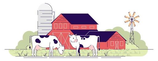 Ilustración de vector plano de granja lechera. vacas pastando en pastos cerca del elemento de diseño de dibujos animados de graneros rojos con contorno. Pueblo de tierras de cultivo con corral, rancho rural. ganadería, ganadería