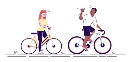 niña, niño en bicicletas ilustraciones vectoriales planas. jóvenes, amigos disfrutan de actividades al aire libre. hombre saludando a un conocido en bicicleta personajes de dibujos animados aislados con elementos de contorno sobre fondo blanco vector