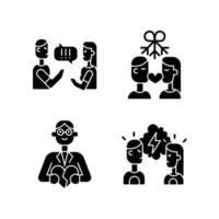 Fighting in relationship black glyph icons set on white space. Couple criticizing each other. Healthy romantic relation. Family and couples consultant. Silhouette symbols. Vector isolated illustration