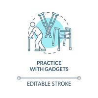 Practice with gadgets blue concept icon. Assistive devices for walking aid. Rehab euipment. Physiotherapy abstract idea thin line illustration. Vector isolated outline color drawing. Editable stroke