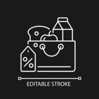 Reduced food prices linear icon for dark theme. Grocery discounts. Poverty and hunger. Thin line customizable illustration. Isolated vector contour symbol for night mode. Editable stroke