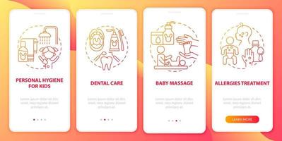 Baby care red gradient onboarding mobile app page screen. Child physical health walkthrough 4 steps graphic instructions with concepts. UI, UX, GUI vector template with linear color illustrations