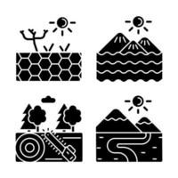 Diverse landforms black glyph icons set on white space. Barren and working ground. Forest cutting industry. Terrestrial and aquatic landforms. Silhouette symbols. Vector isolated illustration