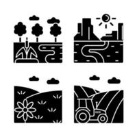 diversos tipos de tierra iconos de glifo negro establecidos en el espacio en blanco. suelo cultivable y estéril. regiones no aptas para la agricultura. condiciones climáticas de cultivo de plantas. símbolos de silueta. ilustración vectorial aislada vector