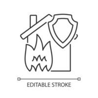 Fire home insurance linear icon. Protection from fire. Support at fire accident. Thin line customizable illustration. Contour symbol. Vector isolated outline drawing. Editable stroke. Arial font used