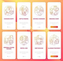 Raising child red gradient onboarding mobile app page screen set. Health care walkthrough 4 steps graphic instructions with concepts. UI, UX, GUI vector template with linear color illustrations