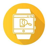 Find phone smartwatch function orange flat design long shadow glyph icon. Showing location of device and locking screen, sound alert. Fitness wristband. Vector silhouette illustration