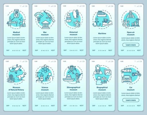 Exhibition and museum onboarding mobile app page screen vector template. Ethnography, biography. Walkthrough website steps with linear illustrations. UX, UI, GUI smartphone interface concept
