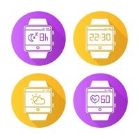 Fitness tracker functions flat design long shadow glyph icons set. Smartwatch wellness services. Tracking heart rate, sleep monitoring, clock, weather forecast. Vector silhouette illustration