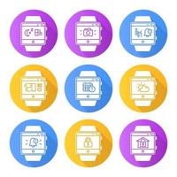 Fitness tracker functions flat design long shadow glyph icons set. Smartwatch wellness services. Scheduling events, sleep timer, weather forecast, notifications. Vector silhouette illustration