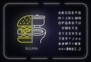 Bulimia neon light icon. Eating disorder. Vomiting food in bathroom. Binge eating from stress. Mental disorder. Glowing sign with alphabet, numbers and symbols. Vector isolated illustration