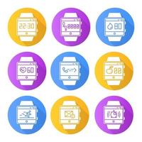 Fitness tracker functions flat design long shadow glyph icons set. Smartwatch wellness services. Running health applications, tracking steps, heart rate. Vector silhouette illustration