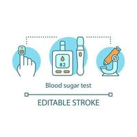 Blood sugar test concept icon. Controlling glucose level idea thin line illustration. Diabetic patients healthcare. Testing equipment, glucometer. Vector isolated outline drawing. Editable stroke