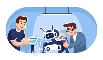Engineers creating robot flat vector illustration. Robotics courses. Two students constructing mechanical person. Electronic technologies. Young men assembling droid cartoon characters