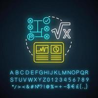 Mathematical base neon light concept icon. Calculations idea. Combination of numbers and digits. Arithmetic system. Glowing sign with alphabet, numbers and symbols. Vector isolated illustration