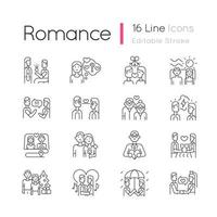 Romance linear icons set. Romantic love. Partners spending time together. Couple quality time. Customizable thin line contour symbols. Isolated vector outline illustrations. Editable stroke