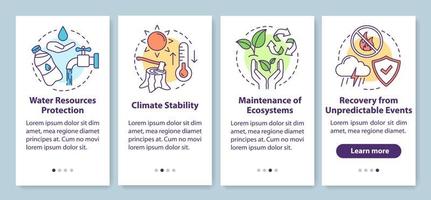 Ecosystem services onboarding mobile app page screen with linear concepts. Water resources, climate stability walkthrough steps graphic instructions. UX, UI, GUI vector template with illustrations