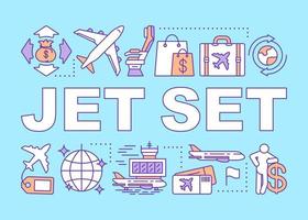 Jet set word concepts banner. Travel to stylish place via jet plane. Frequent traveler. Presentation, website. Isolated lettering typography idea with linear icons. Vector outline illustration