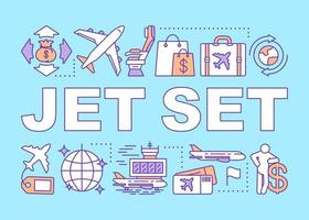 Jet set word concepts banner. Travel to stylish place via jet plane. Frequent traveler. Presentation, website. Isolated lettering typography idea with linear icons. Vector outline illustration